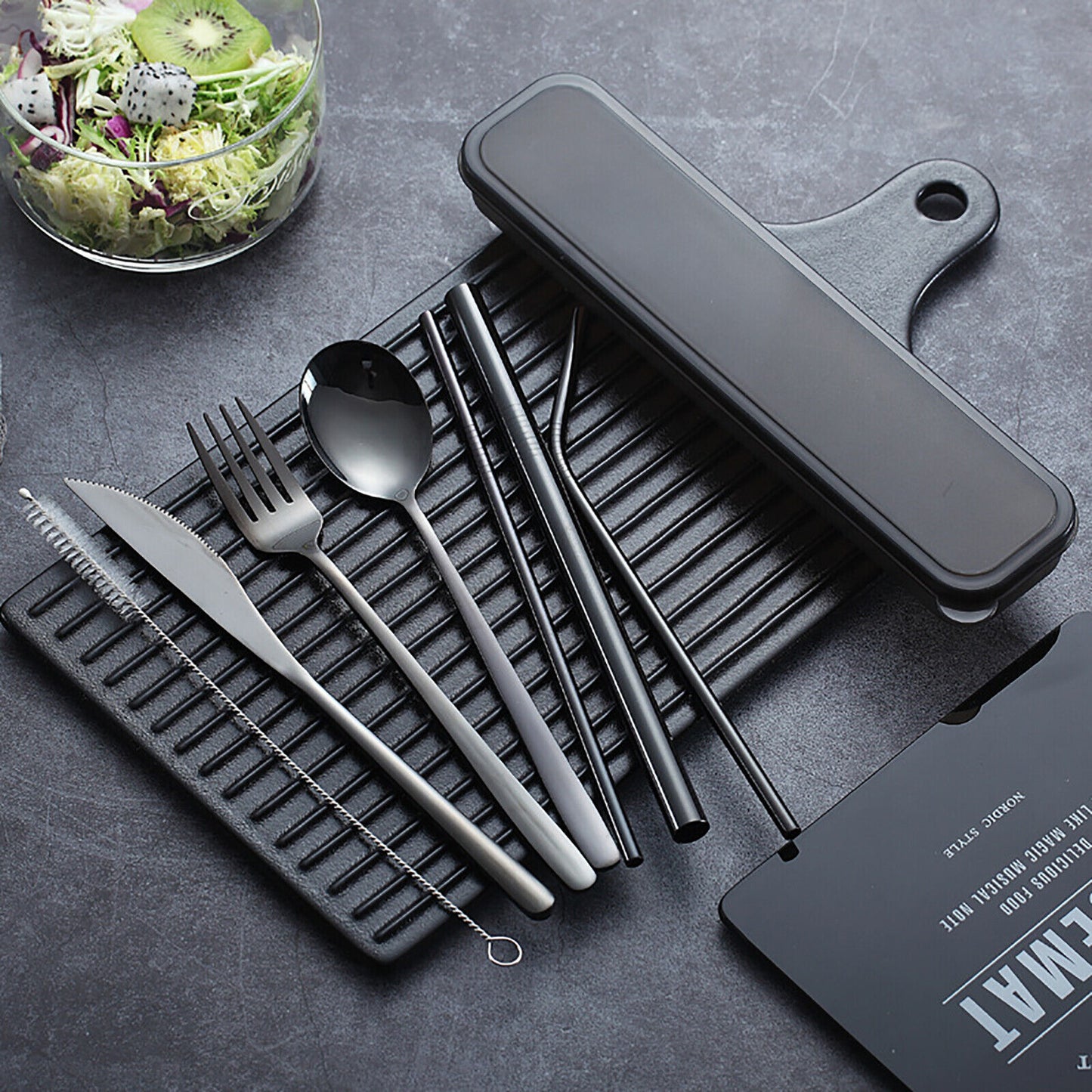 Premium 9PC Stainless Steel Travel Cutlery Set Knife Fork Spoon Straws Black