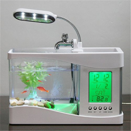 USB Fish Tank Alarm Clock with LED Lamp for Desk Aquarium White