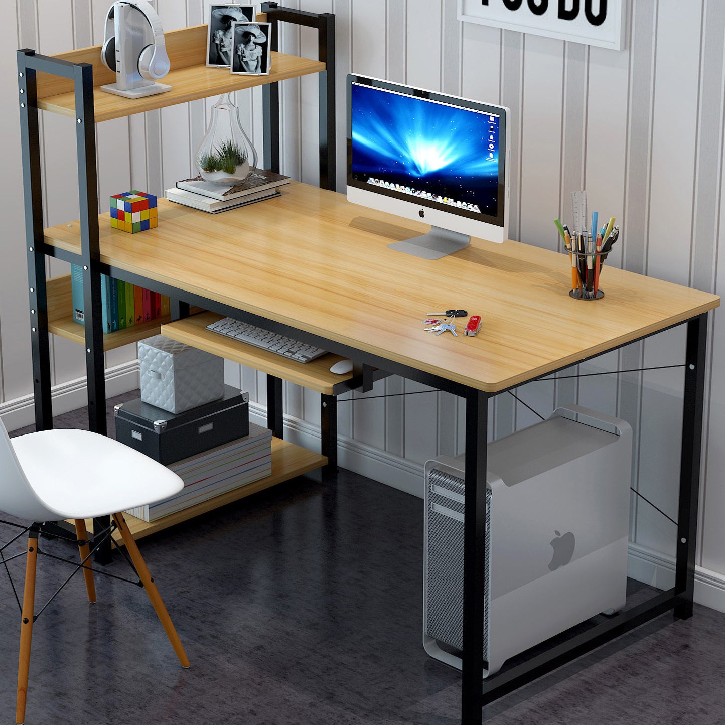 Large Wood Steel Computer Desk with Storage Shelves for Home Office - Oak