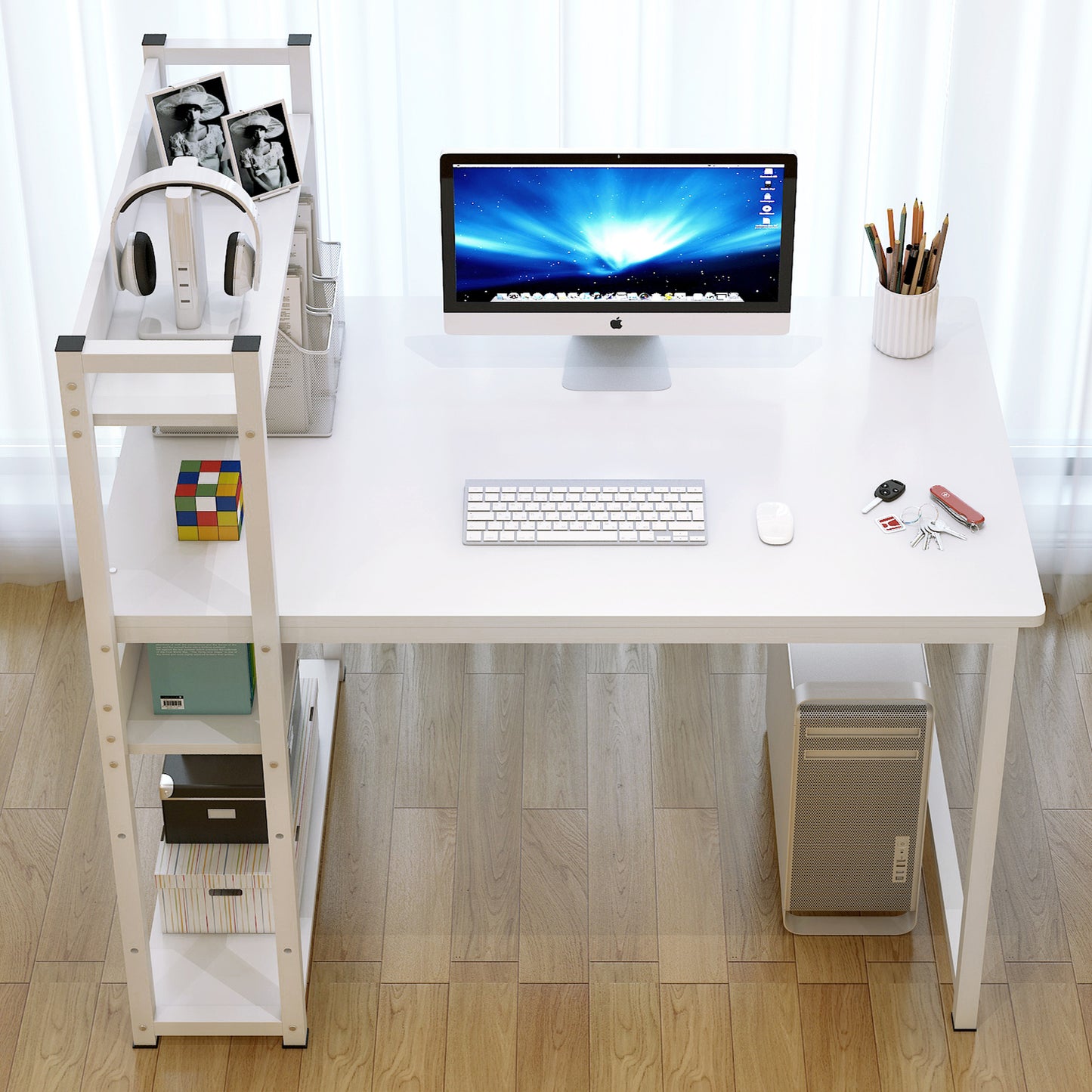 Modern Workstation Computer Desk with Storage Shelves White