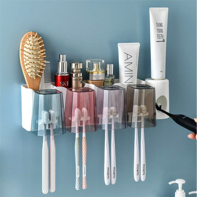 4-Cup Toothbrush Holder Rack with Automatic Toothpaste Dispenser Bathroom Set