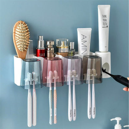 4-Cup Toothbrush Holder Rack with Automatic Toothpaste Dispenser Bathroom Set