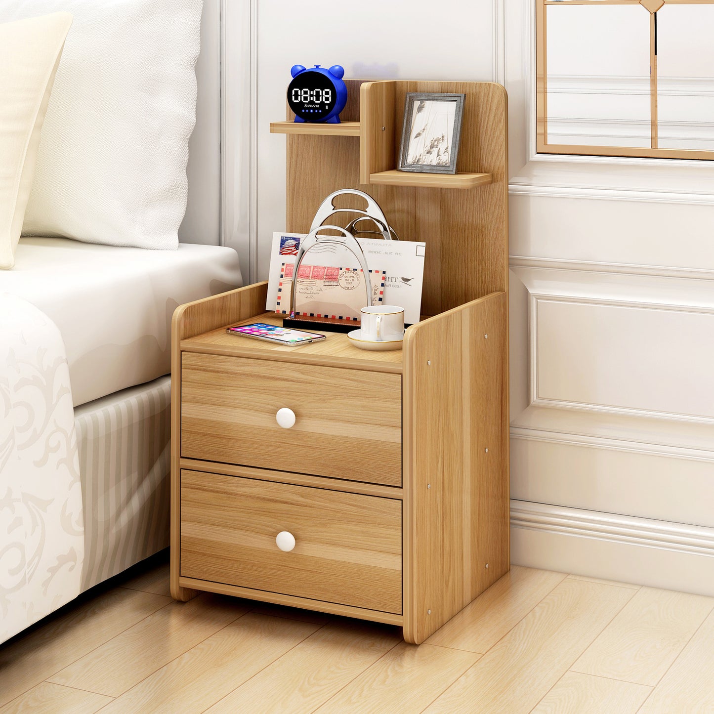 Tall Oak Bedside Table with Chest of Drawers and Shelf