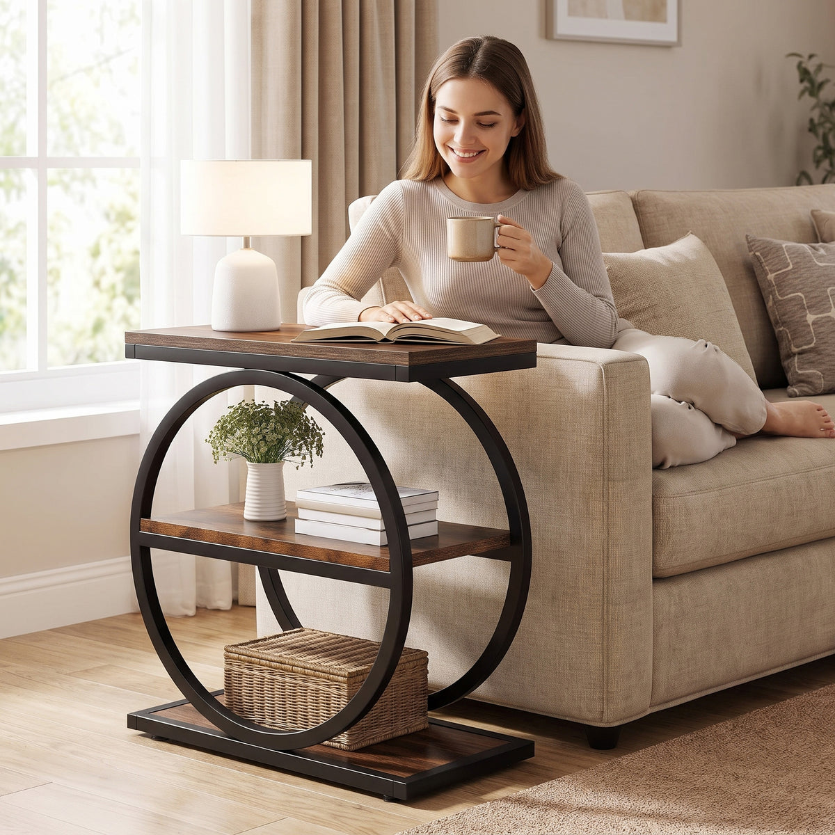 3-Tier Industrial Rustic Side End Table with Circular Steel Frame