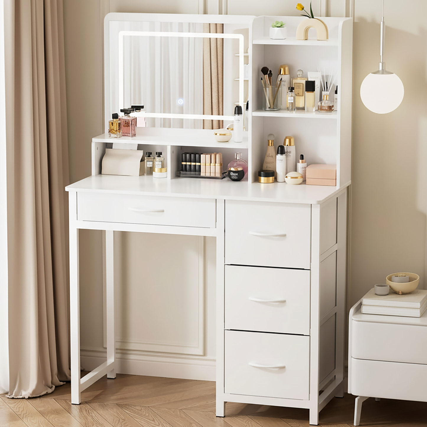 Deluxe LED Mirror Vanity Table with Mirror and Storage Drawers White