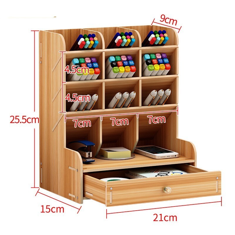 Elegant Wooden Pen Holder Desktop Organizer with Drawer Oak