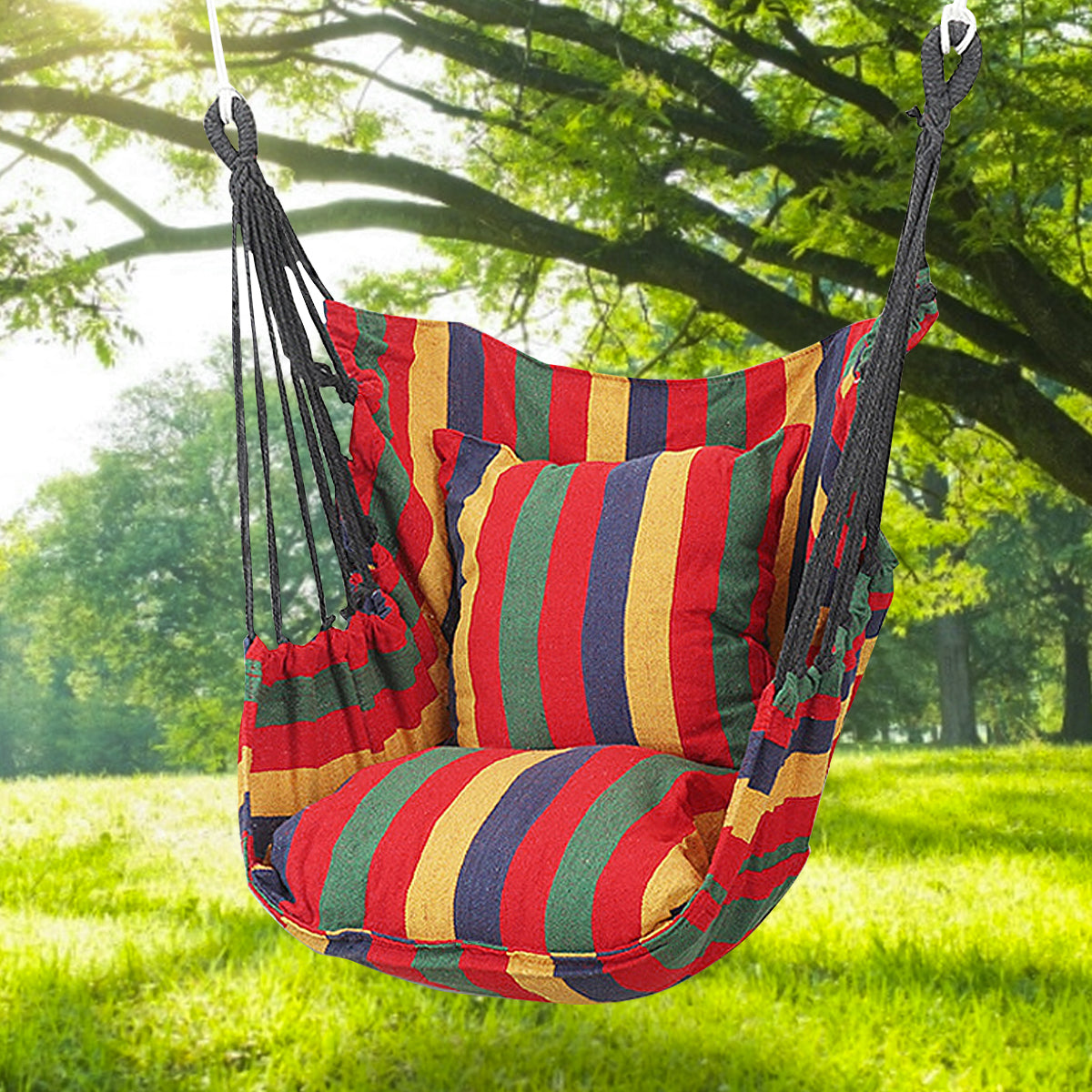 Cozy Cotton Hammock Swing Chair with Cushions for Ultimate Relaxation Red Stripes