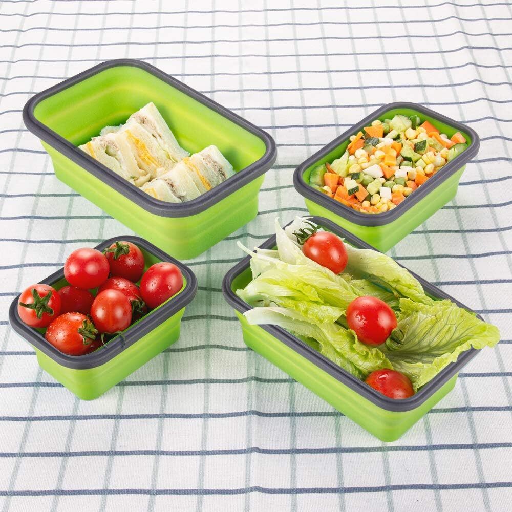 Pack of 4 Collapsible Silicone Food Storage Containers with Airtight Lid Green