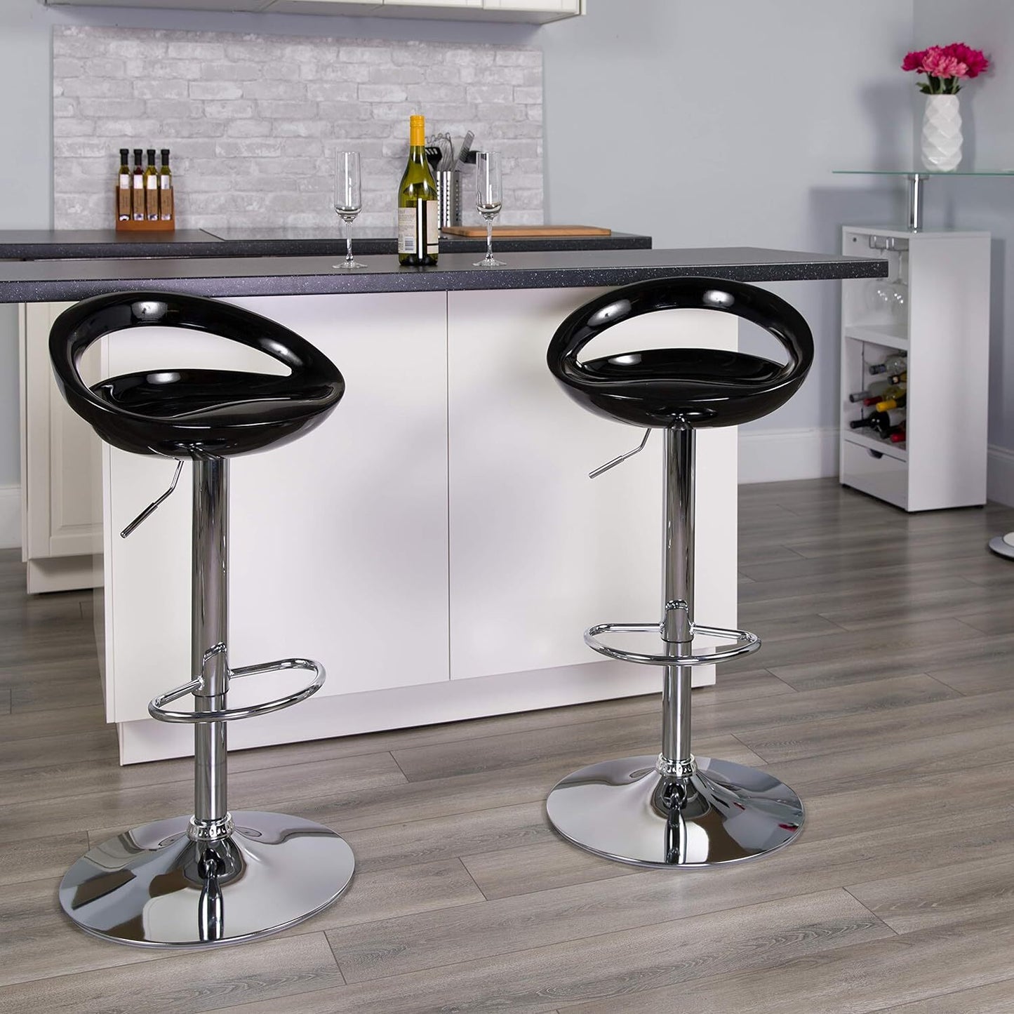 Set of 2 High Gloss Designer Bar Stools Modern Black