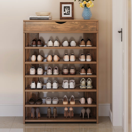 Extra Spacious 7 Tier Wooden Shoe Rack Organizer Shelf Cabinet Rustic Wood