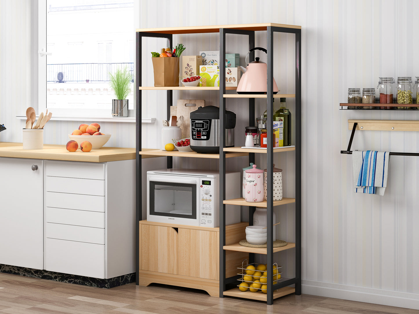 Double Cabinet Kitchen Storage Shelf Oak Black Modern Design