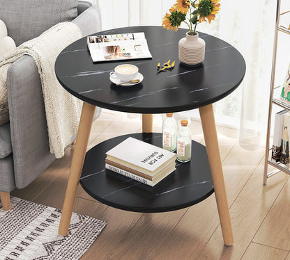 Round Marble Look Coffee Table Black Stone Elegant Design