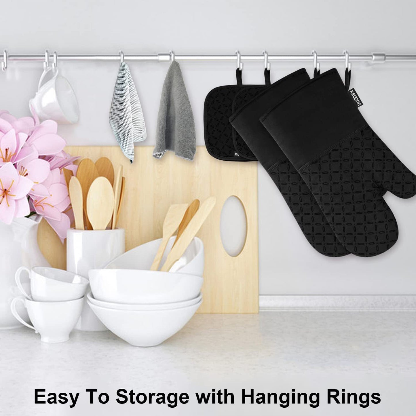 Heat Resistant Non-Slip Silicone Oven Mitts and Pot Holder Kitchen Set