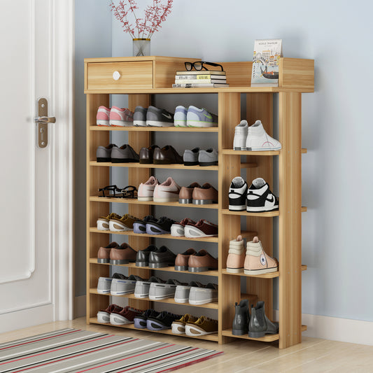 8 Tier Shoe Rack Storage Organizer with Drawer Oak Finish