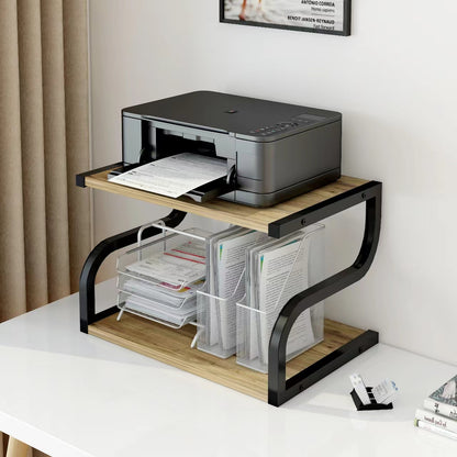 Rustic Wood and Steel Desktop Shelf Printer Stand Storage Organizer (Oak)