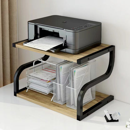 Rustic Wood and Steel Desktop Shelf Printer Stand Storage Organizer (Oak)