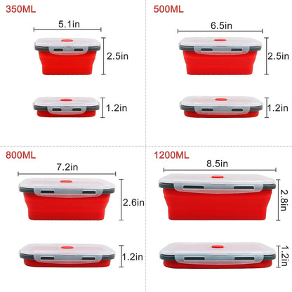 Pack of 4 Collapsible Silicone Food Storage Containers with Airtight Lid Red