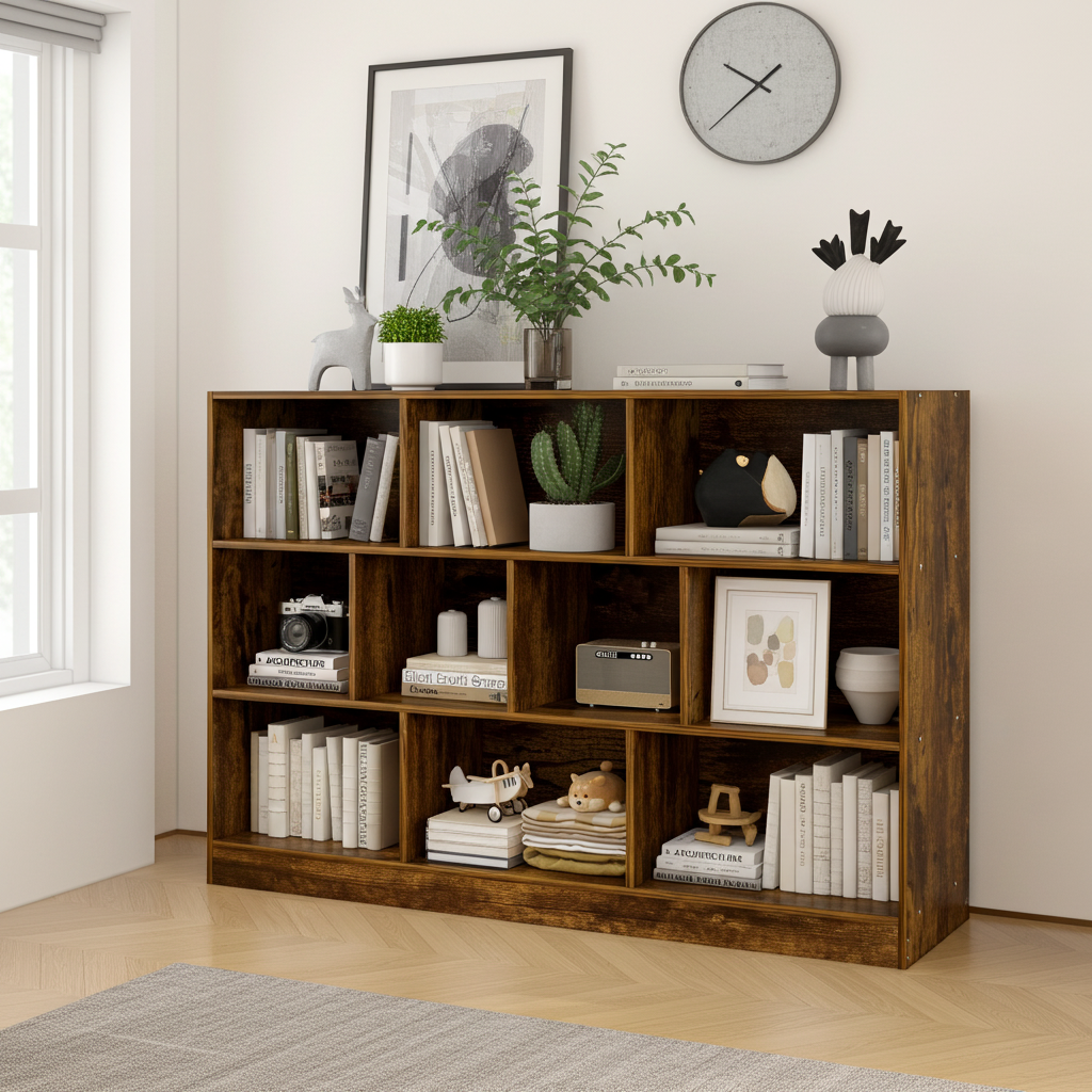 9 Shelf Bookshelf Display Cabinet Bookcase Shelf Organiser Rustic Wood