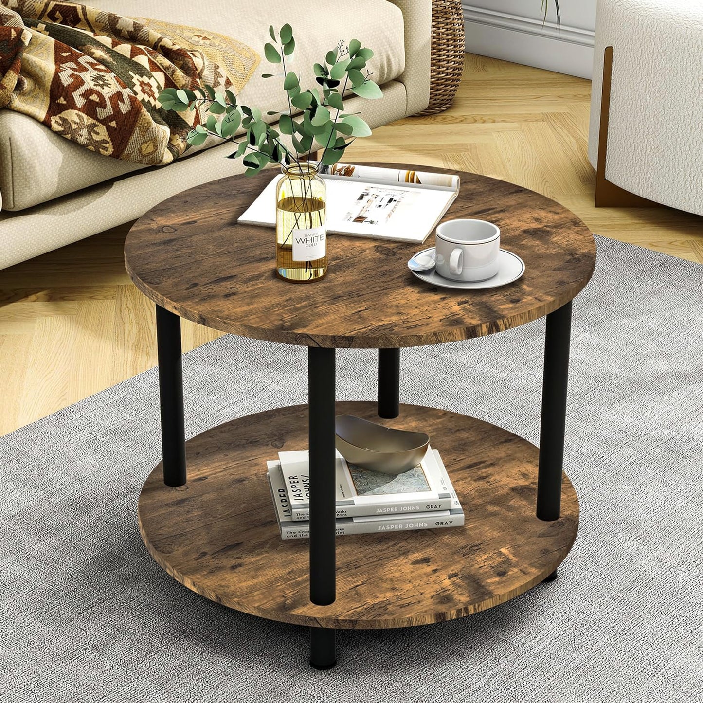 Rustic Wood & Metal Round Coffee Table with Storage Shelf Wood & Metal