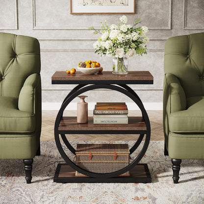 3-Tier Industrial Rustic Side End Table with Circular Steel Frame