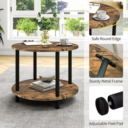 Rustic Wood & Metal Round Coffee Table with Storage Shelf Wood & Metal