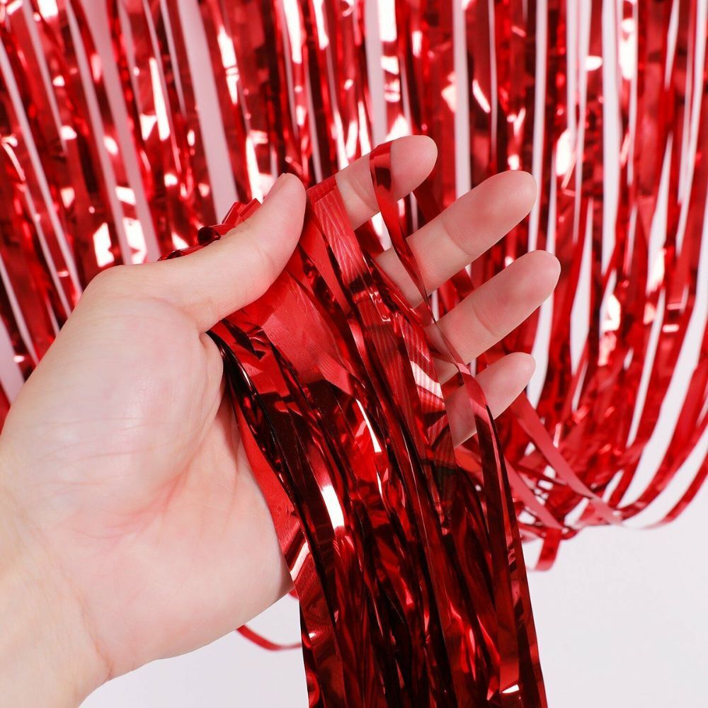 Red Metallic Foil Tinsel Fringe Curtain Party Backdrop Decoration