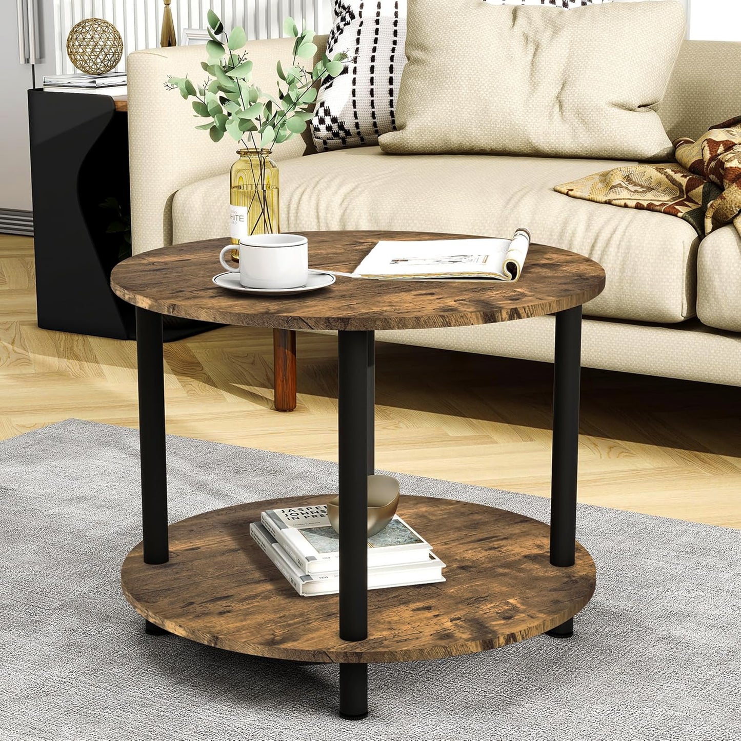 Rustic Wood & Metal Round Coffee Table with Storage Shelf Wood & Metal