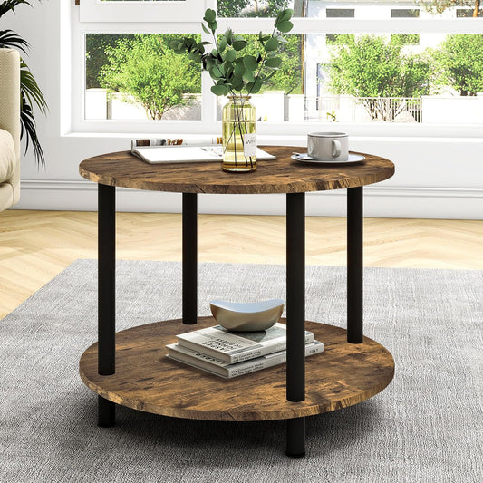 Rustic Wood & Metal Round Coffee Table with Storage Shelf Wood & Metal