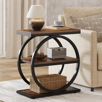 3-Tier Industrial Rustic Side End Table with Circular Steel Frame