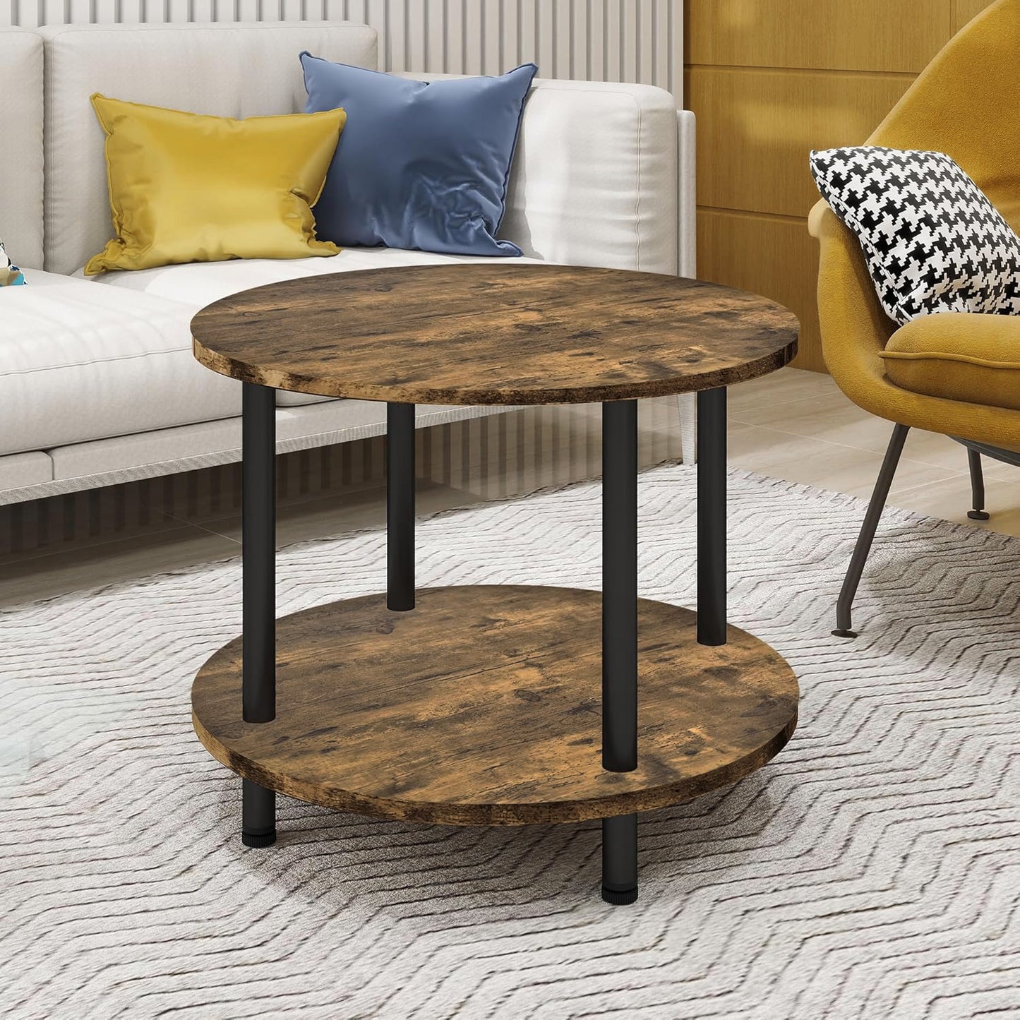 Rustic Wood & Metal Round Coffee Table with Storage Shelf Wood & Metal