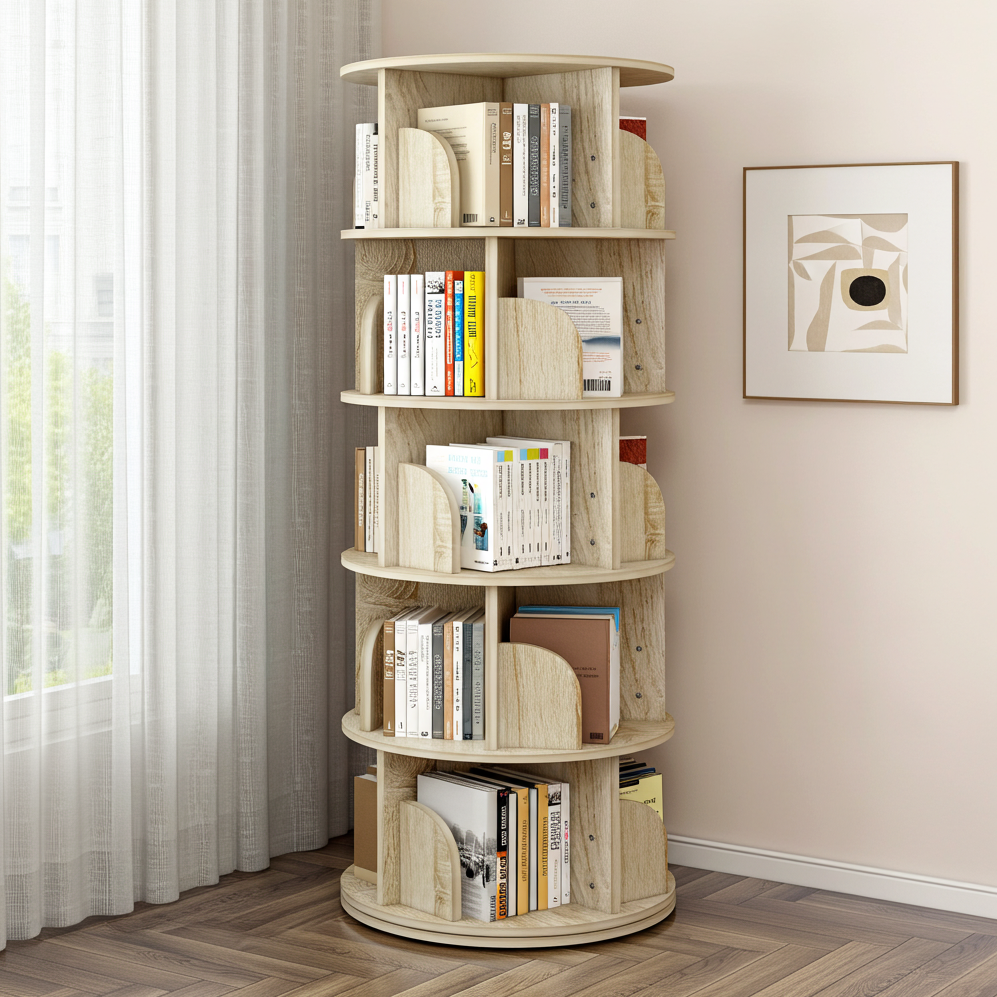 5 Tier Rotating Display Shelf Bookcase Organiser Coastal Oak
