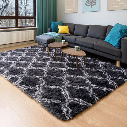 200 x 140 Soft Shag Rug for Bedroom Living Room Black Lattice