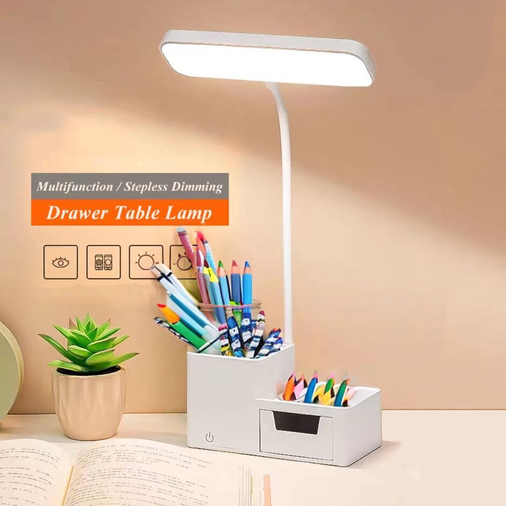 Eye-Protecting LED Night Light Desk Lamp with Pen Holder and Drawer White