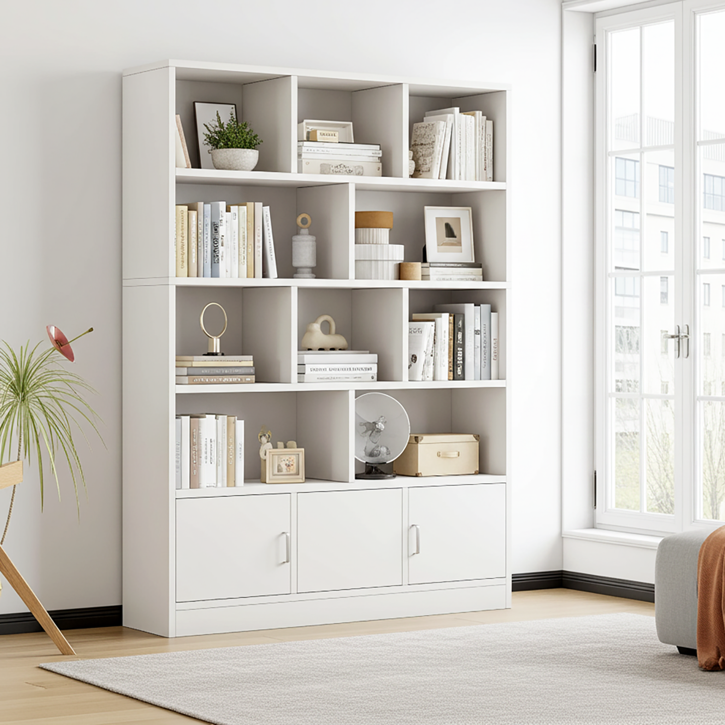 Spacious 10-Shelf 3-Door Wardrobe Cabinet Bookshelf White