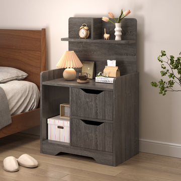 Tall Bed Side Table with Chest of Drawers and Shelf (Rustic Grey)