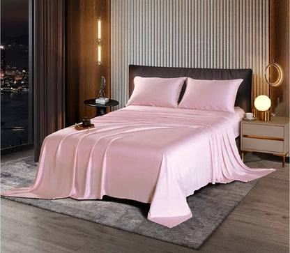 King Size Silky Satin Bed Sheet Set 4-Piece Soft and Smooth Pink