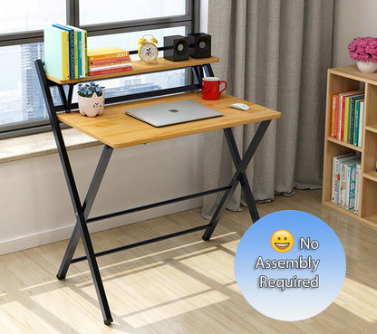 Smart Space-Saving Folding Desk with Storage Shelf Oak