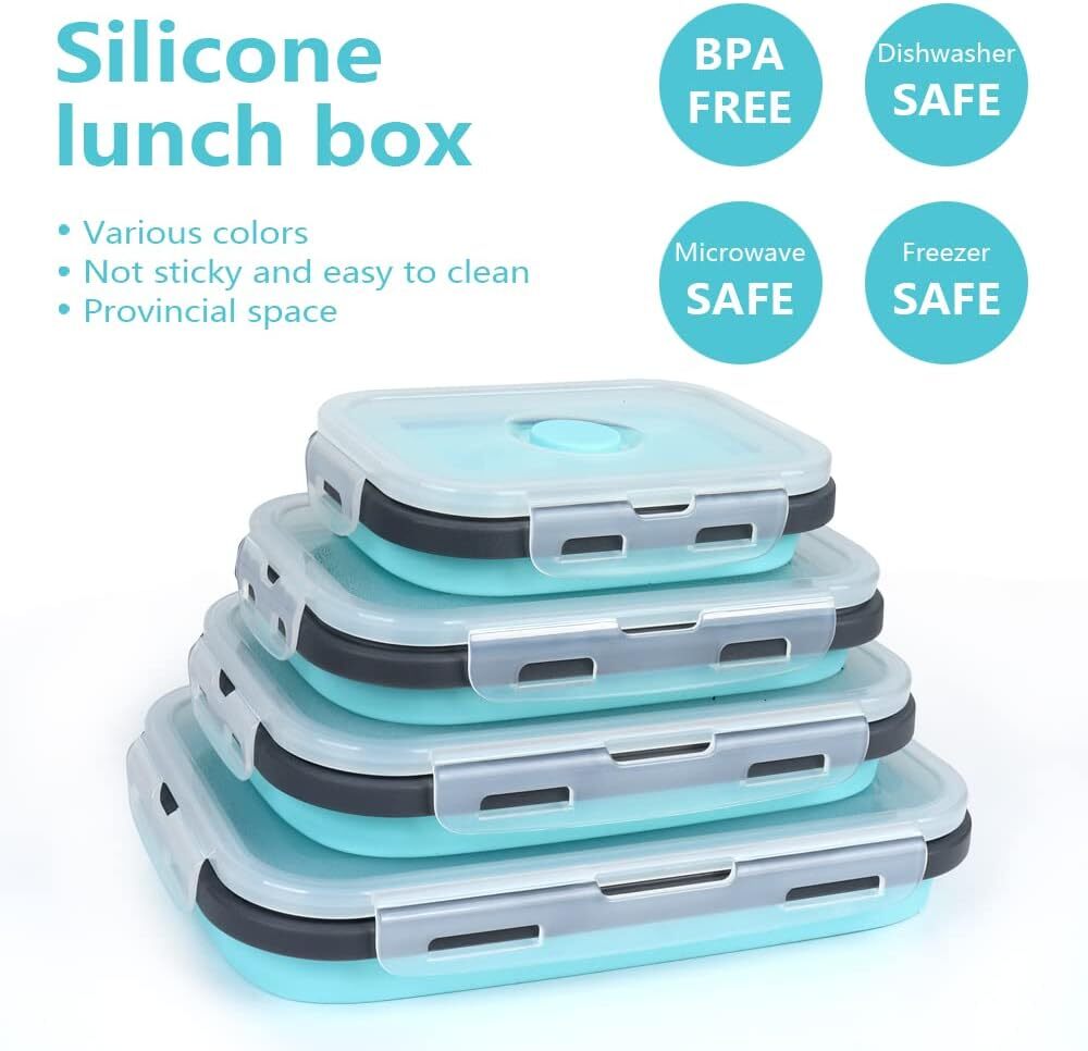 Pack of 4 Collapsible Silicone Food Storage Containers with Airtight Lid Blue