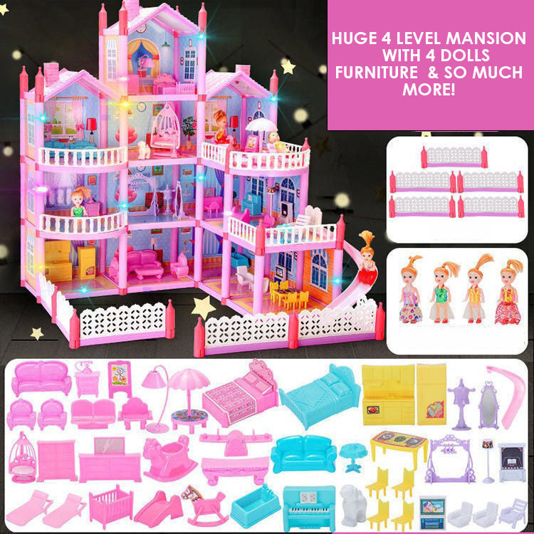 4-Level Dreamhouse Mansion Dollhouse with Furniture and Princess Dolls