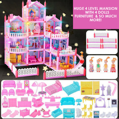 4-Level Dreamhouse Mansion Dollhouse with Furniture and Princess Dolls