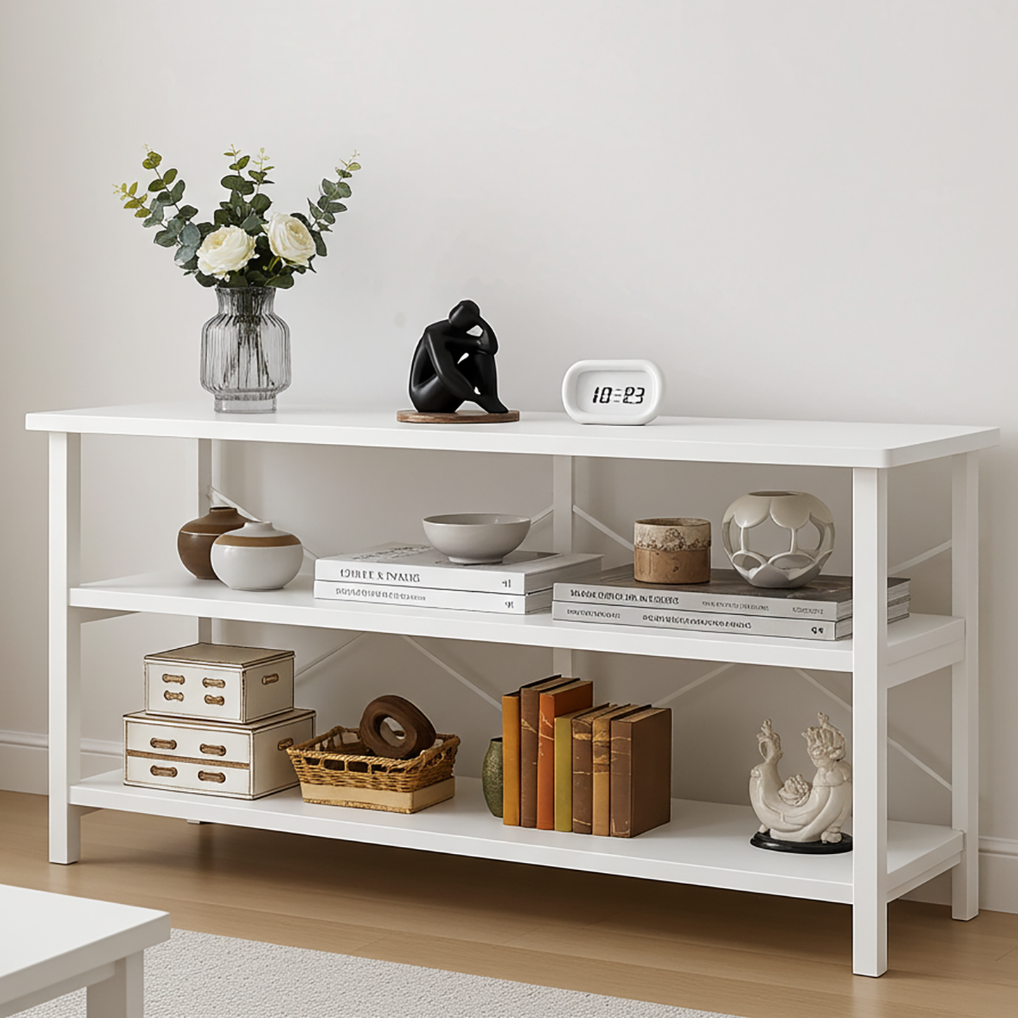 Industrial Console Table TV Stand Bookcase Storage Shelf Unit (White)