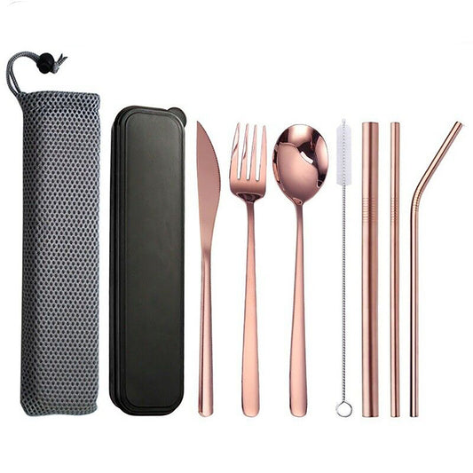 Premium 9PC Stainless Steel Travel Cutlery Set Rose Gold