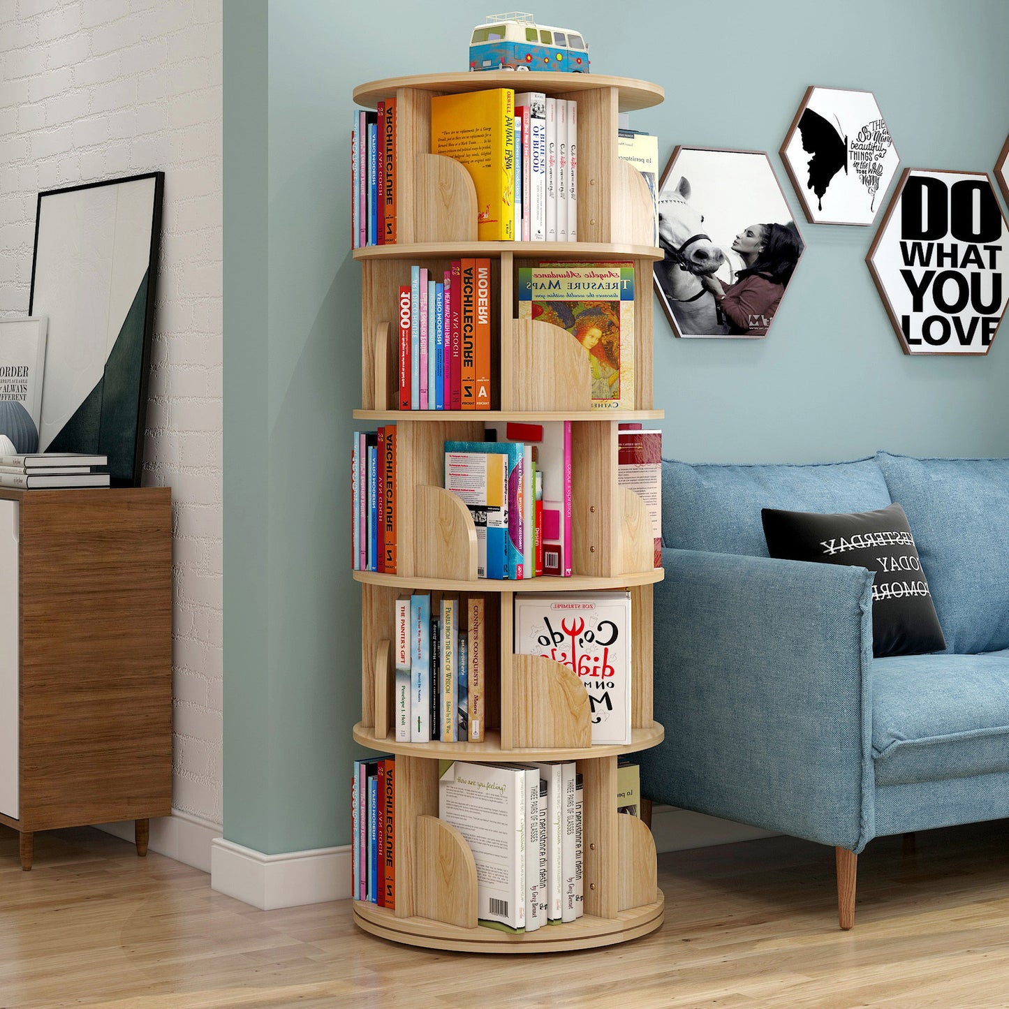 5 Tier Rotating Display Shelf Bookcase Organiser Oak