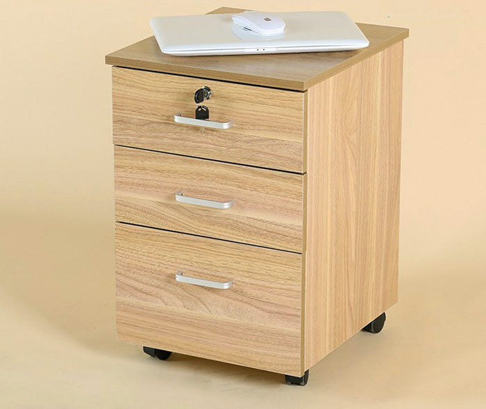 Natural Oak 3 Drawer Bedside Table with Wheels for Bedroom Storage