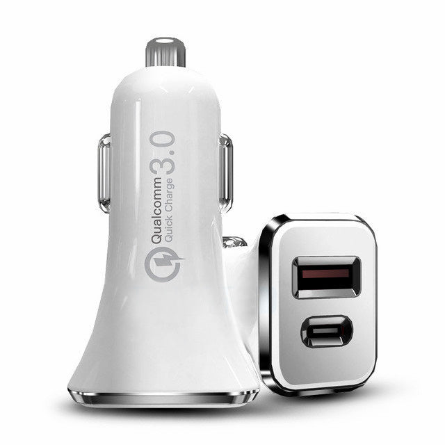 36W Fast USB C Charger PD Quick Charge QC 3.0 Dual Port Car Adapter White