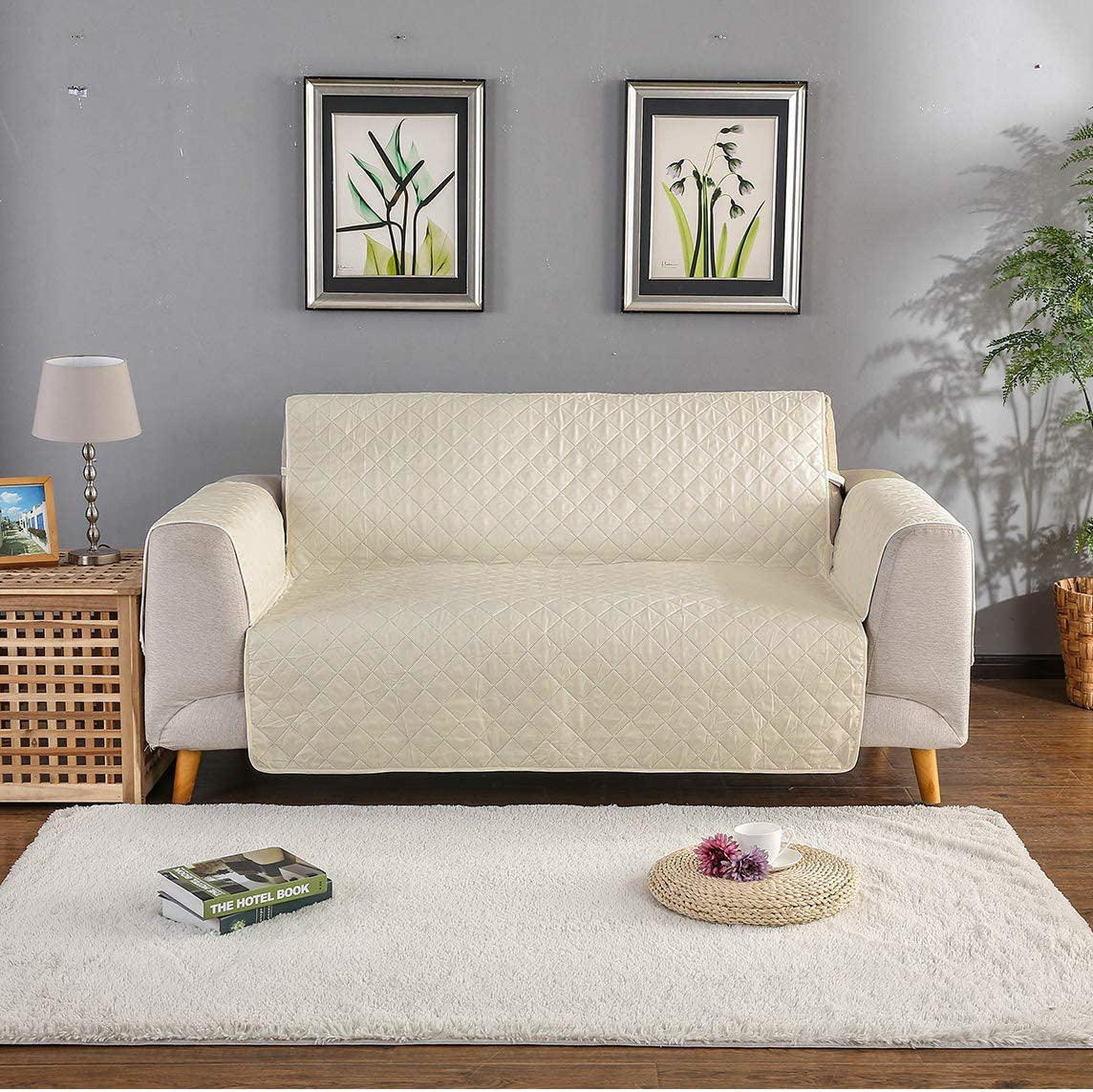 2-Seater Quilted Sofa Slipcover Water Resistant Furniture Protector Cream