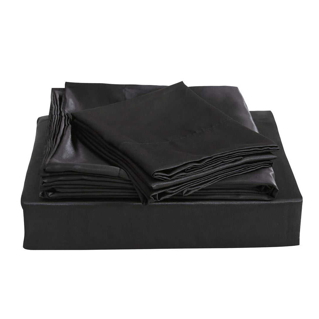 King Size Silky Satin Bed Sheet Set Luxurious Soft Bedding Black