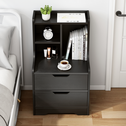 Elegant Tall 2-Drawer Bedside Table with Drawers and Shelves Black