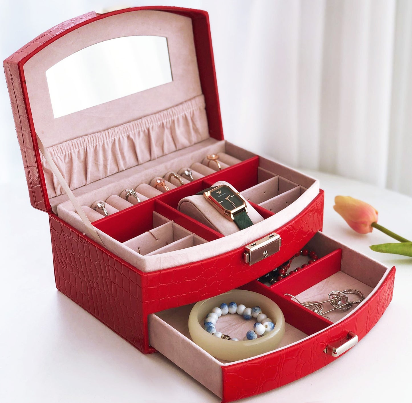 Elegant Red PU Leather Jewellery Storage Case