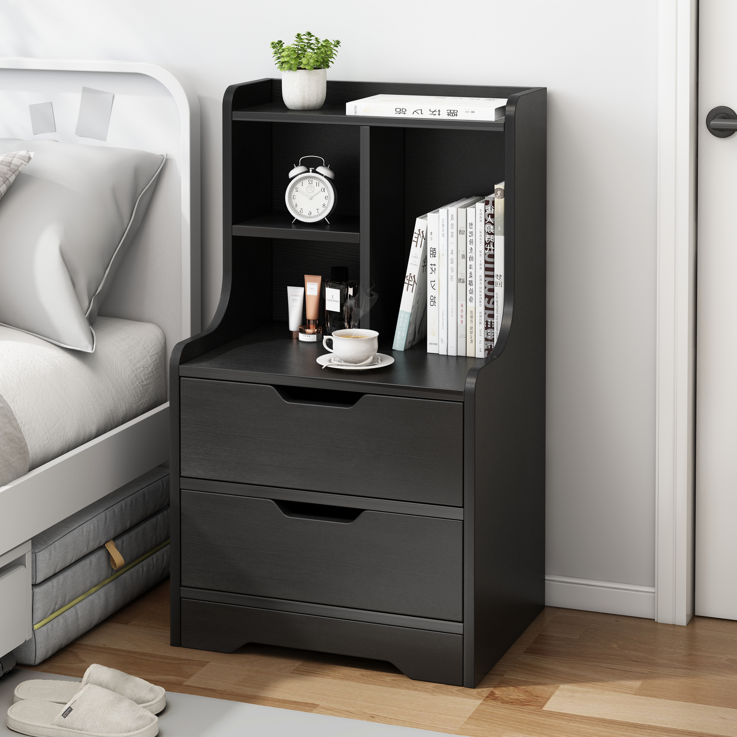 Elegant Tall 2-Drawer Bedside Table with Drawers and Shelves Black